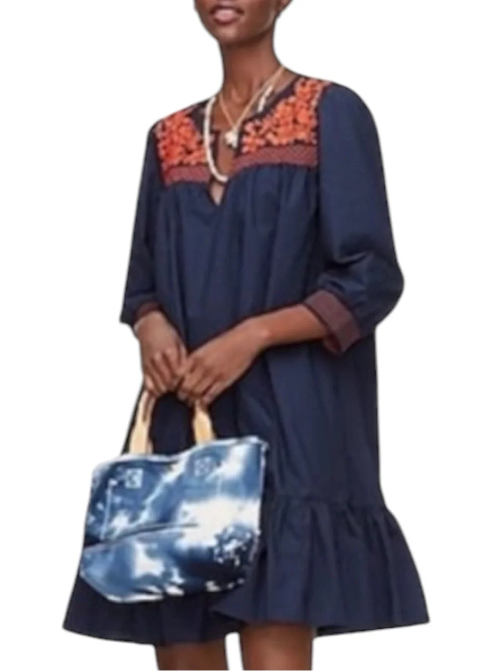 J. CREW Leda Navy Shift Dress w/ Orange Embroidered Yoke Size Medium